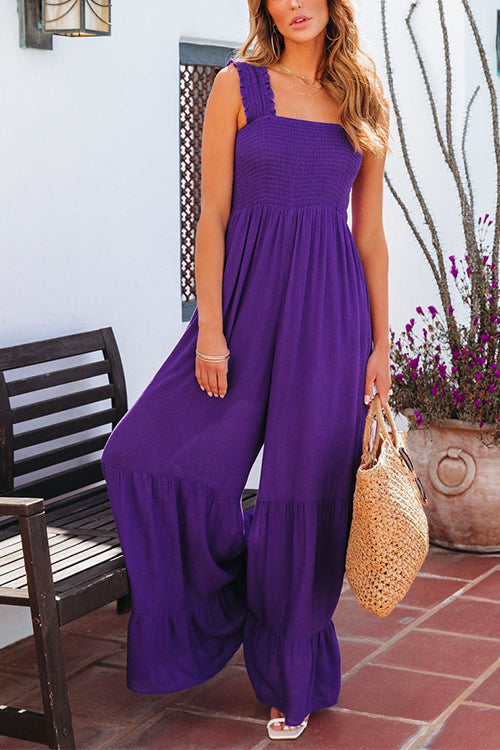 Wide Straps Smocked High Waist Ruffle Wide Leg Jumpsuit