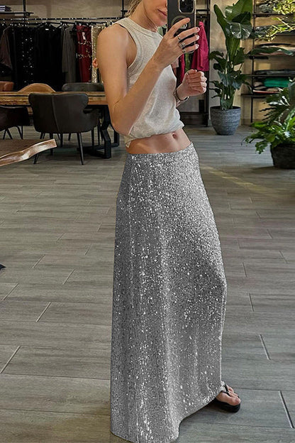 Elastic Waist Sequin A-line Maxi Skirt