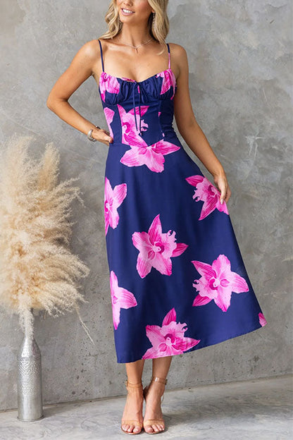 Adjustable Strap Back Lace-up Print Midi Dress