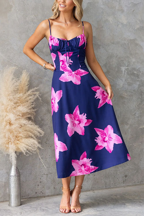 Adjustable Strap Back Lace-up Print Midi Dress