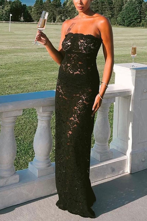 Moxidress Strapless Lace Hollow Out Bodycon Maxi Dress