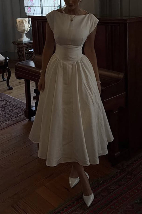 Cap Sleeves Open Back Waisted Swing Midi Dress