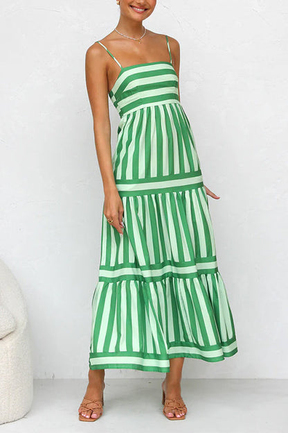 Spaghetti Strap Ruffle Tiered Color Block Striped Maxi Dress