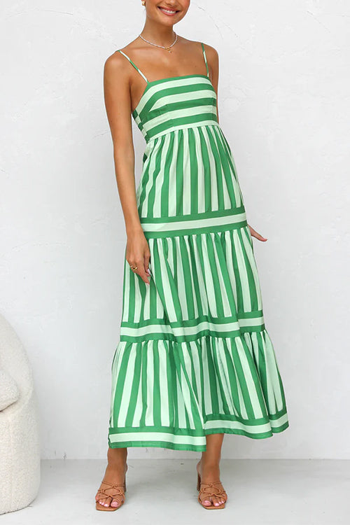 Spaghetti Strap Ruffle Tiered Color Block Striped Maxi Dress