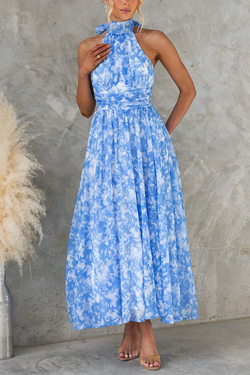 Bow Neck Halter Backless Print Maxi Dress