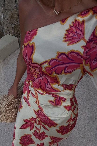 Moxidress One Shoulder Long Sleeve Print Maxi Dress
