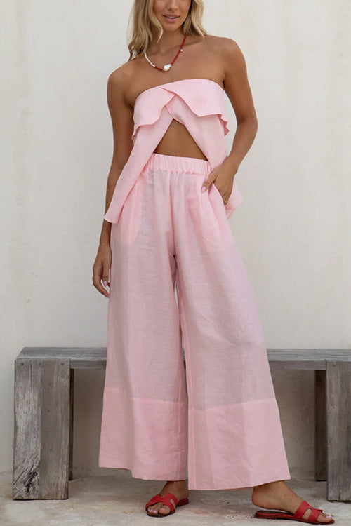Strapless Ruffle Slit Top Elastic Waist Wide Leg Pants Set
