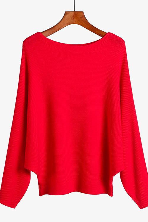 Boat Neck Batwing Sleeves Ribbed Knit Sweater