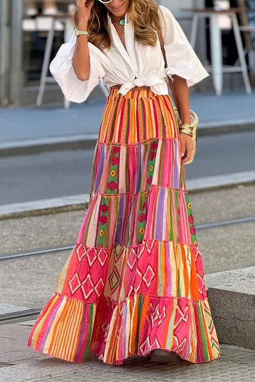 Elastic Waist Ruffle Tiered Color Block Printed Maxi Skirt