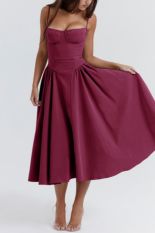 Spaghetti Strap Pocketed Corset Swing Midi Dress