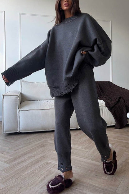 Raw Edge Crew Neck Sweater Set
