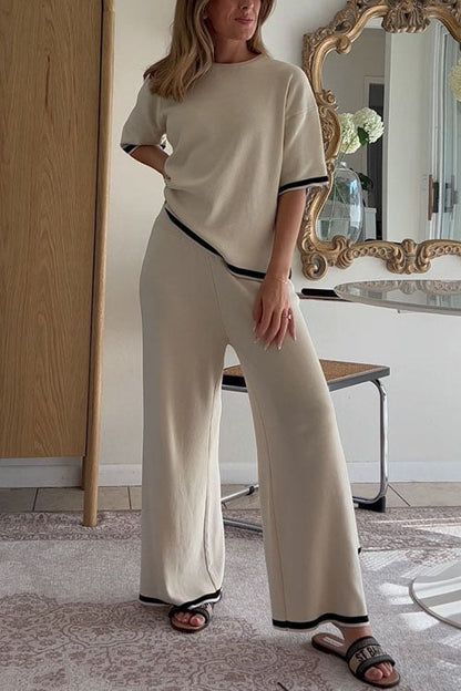 Color Block Short Sleeves Side Split Pullover Wide Leg Pants Knitting Loungewear Set