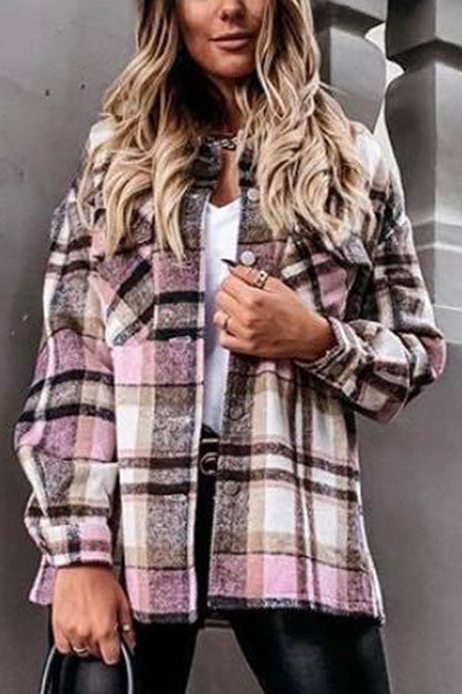 Daily Adult Plaid Cardigan Turndown Collar Blouses(3 Colors)