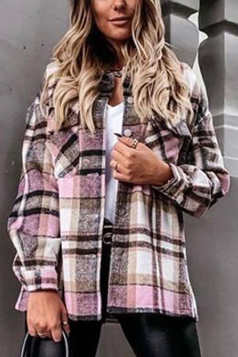 Daily Adult Plaid Cardigan Turndown Collar Blouses(3 Colors)