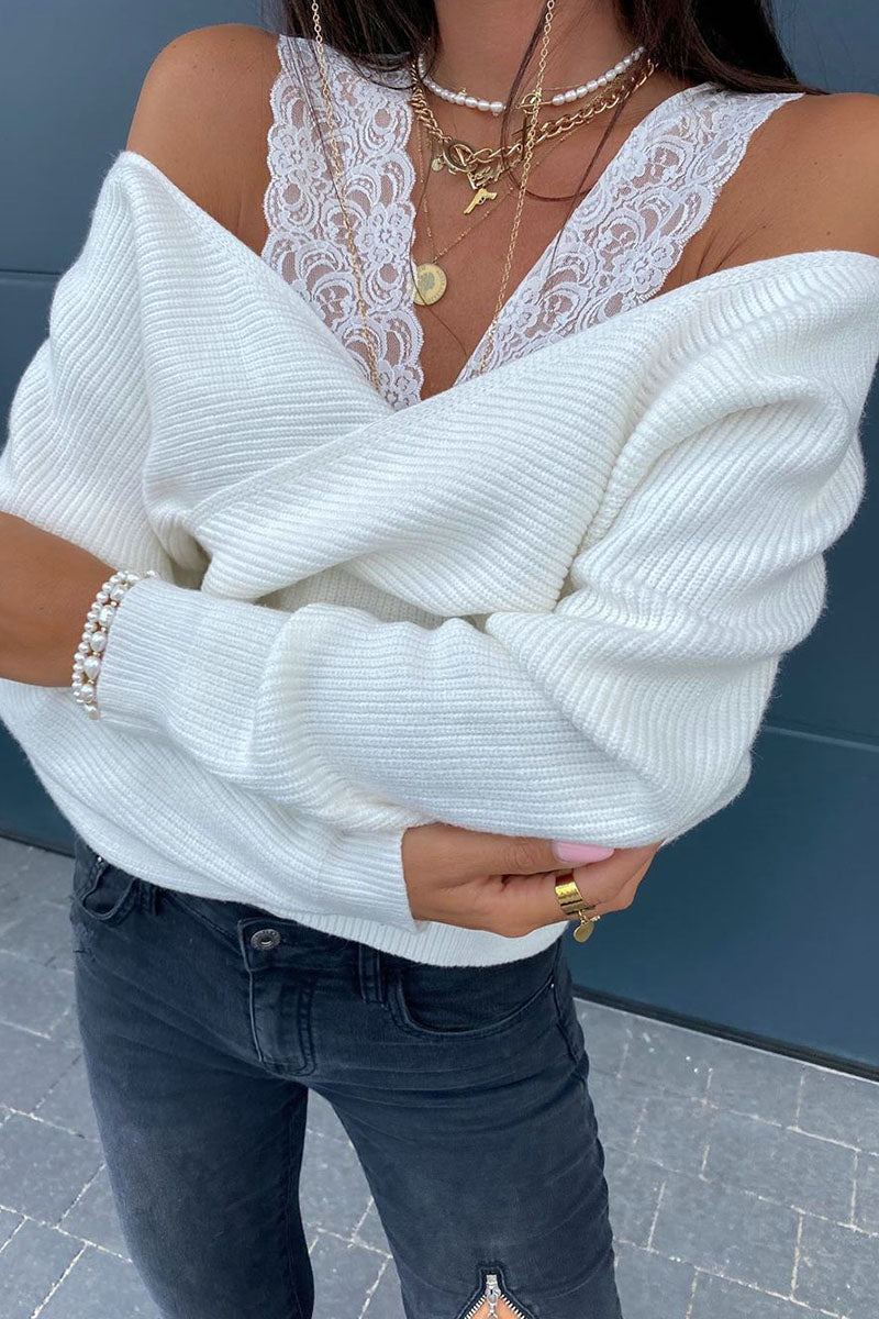 Hollowed Out Patchwork V Neck Sweaters(3 Colors)