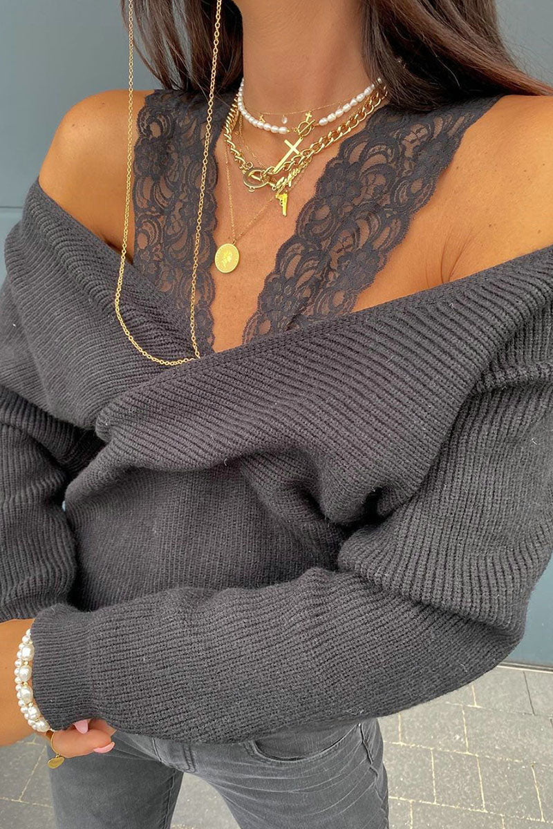 Hollowed Out Patchwork V Neck Sweaters(3 Colors)