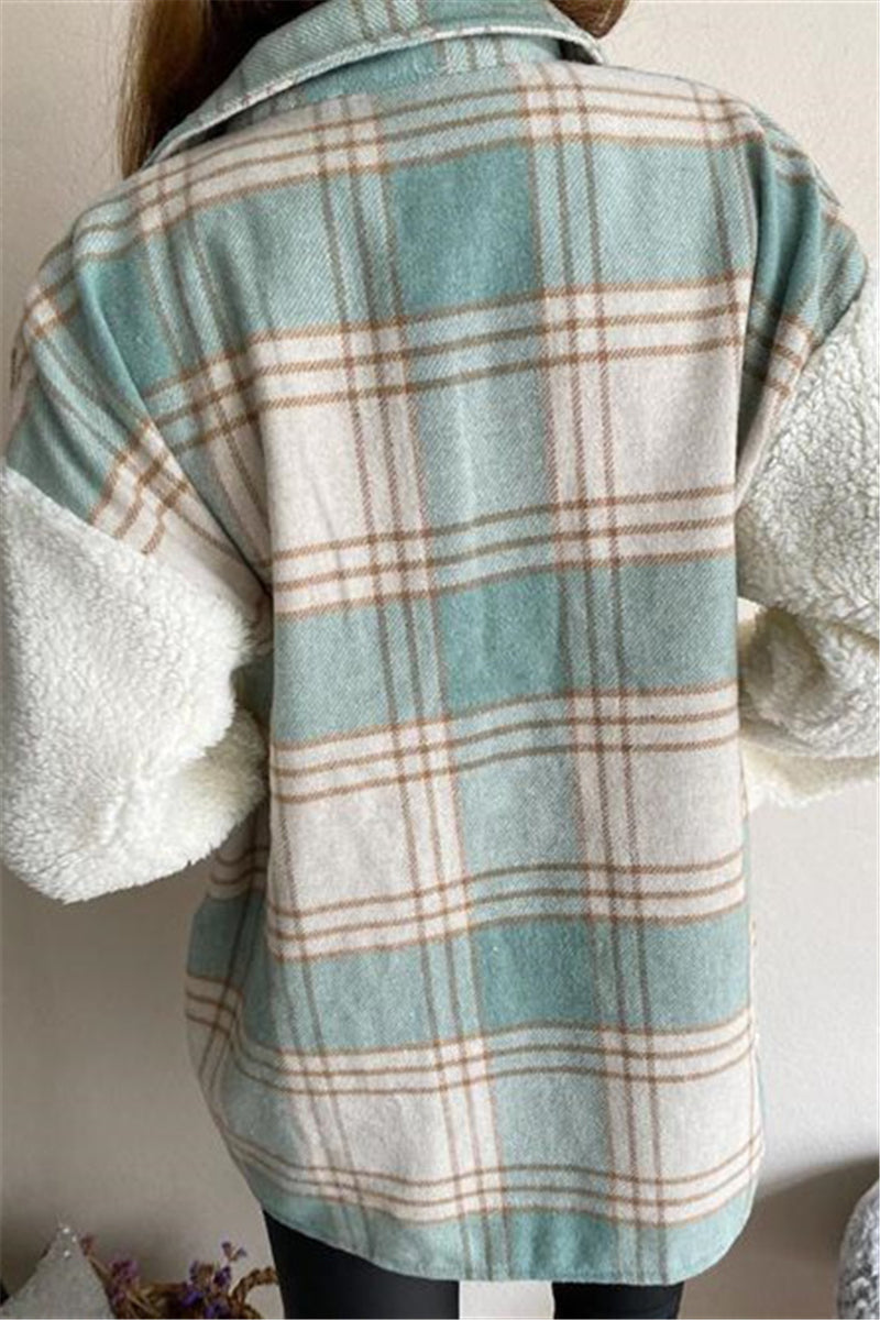 Plaid Print Patchwork Cardigan Turndown Collar Outerwear(4 Colors)