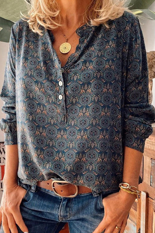 College Print Patchwork V Neck Blouses