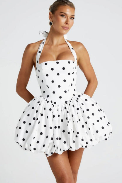 Halter Tie Bow Puffy Hem Mini Dress