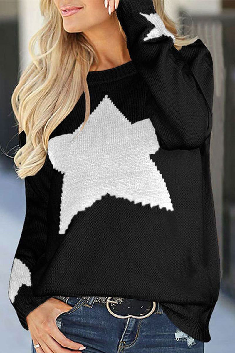Print Patchwork O Neck Mid Waist Sweaters(4 Colors)