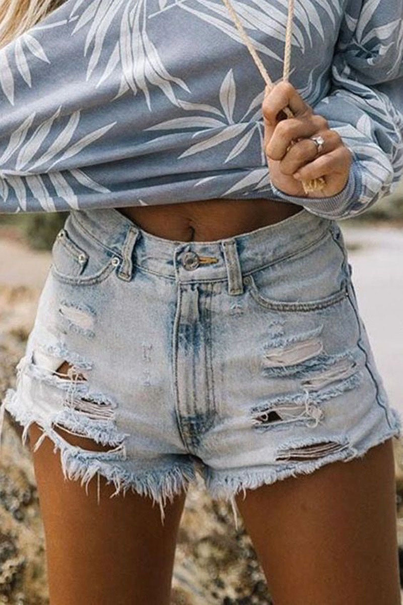 Ripped High Waist Straight Denim Shorts