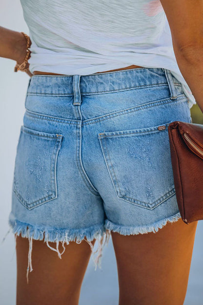 Street Ripped Mid Waist Straight Denim Shorts