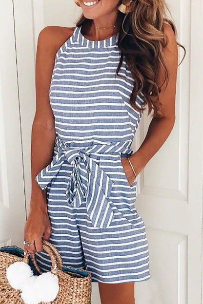 Patchwork Bandage With Belt O Neck Loose Jumpsuits(5 Colors)