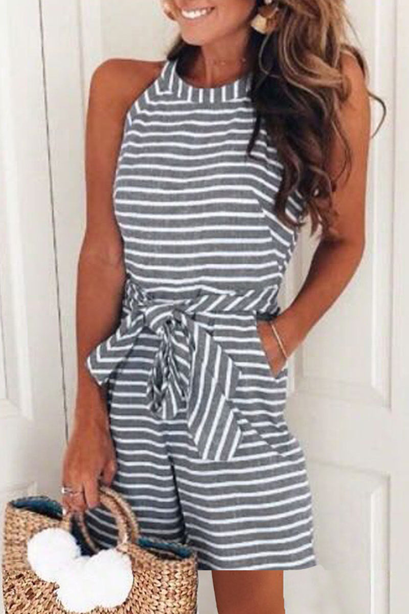 Patchwork Bandage With Belt O Neck Loose Jumpsuits(5 Colors)