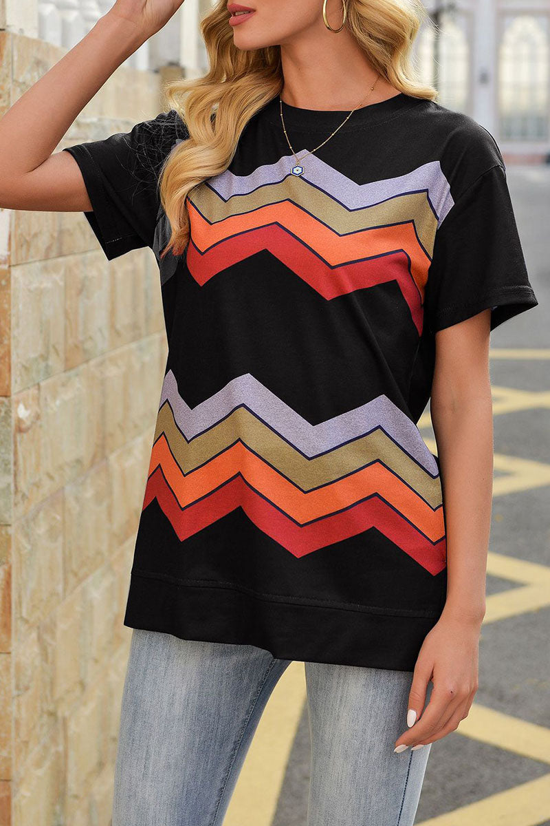 Street Striped Patchwork O Neck T-shirts