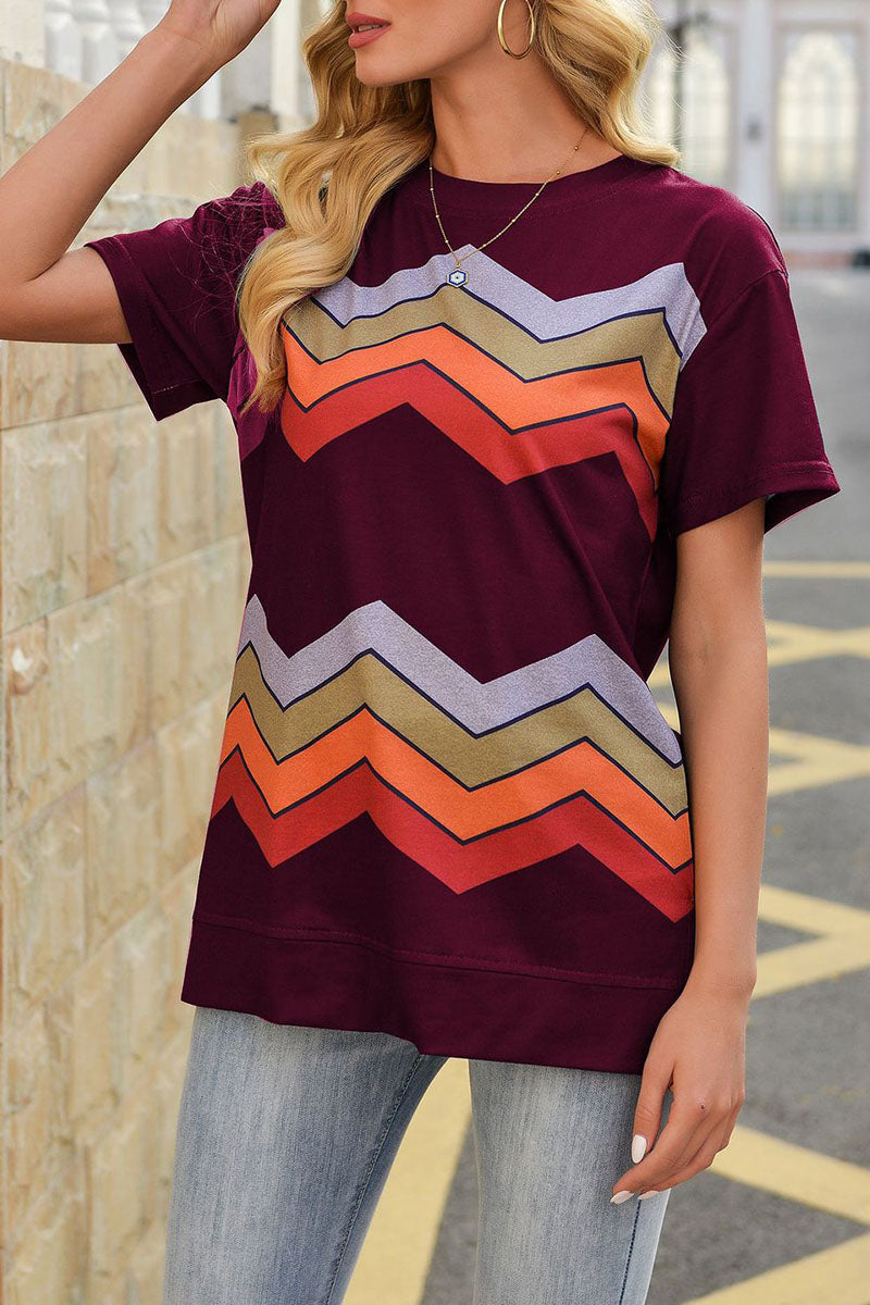 Street Striped Patchwork O Neck T-shirts