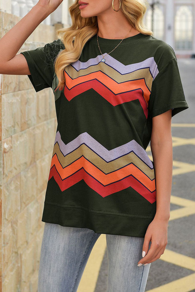 Street Striped Patchwork O Neck T-shirts
