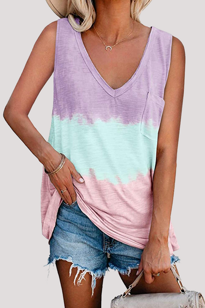 Patchwork Tie Dye Pocket V Neck T-shirts