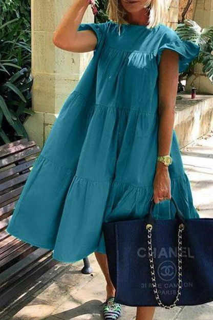 Patchwork Basic O Neck Cake Skirt Dresses