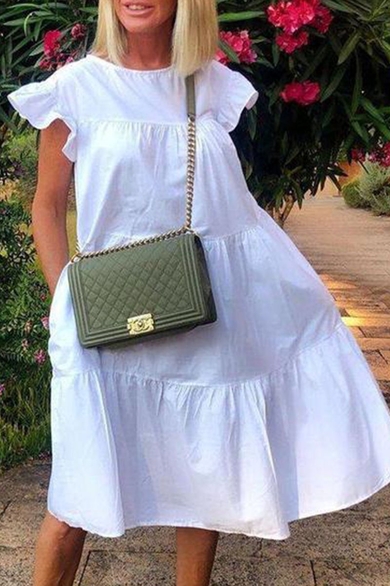 Patchwork Basic O Neck Cake Skirt Dresses