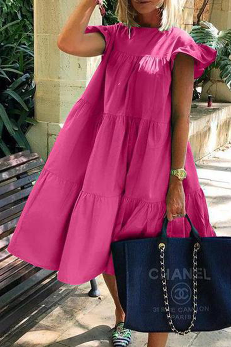 Patchwork Basic O Neck Cake Skirt Dresses
