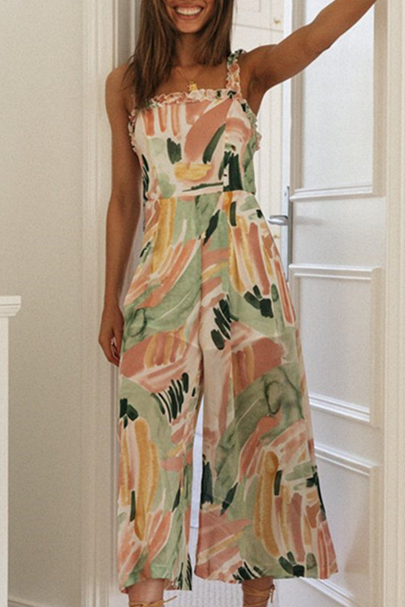 Print Flounce Spaghetti Strap Loose Jumpsuits