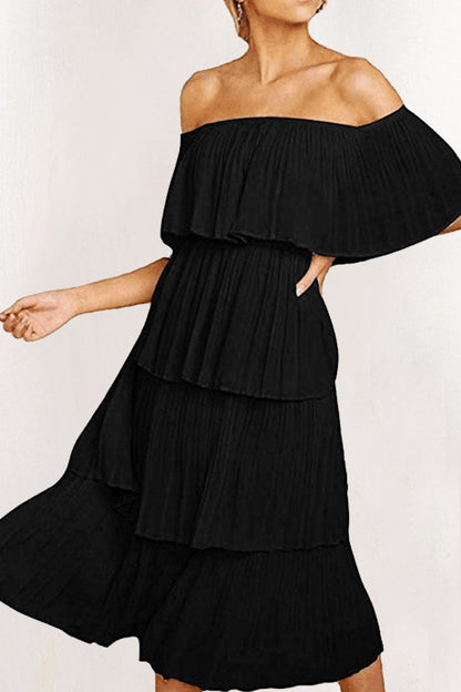 Sweet Patchwork Off the Shoulder Cake Skirt Dresses