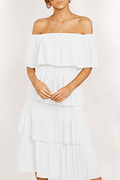 Sweet Patchwork Off the Shoulder Cake Skirt Dresses