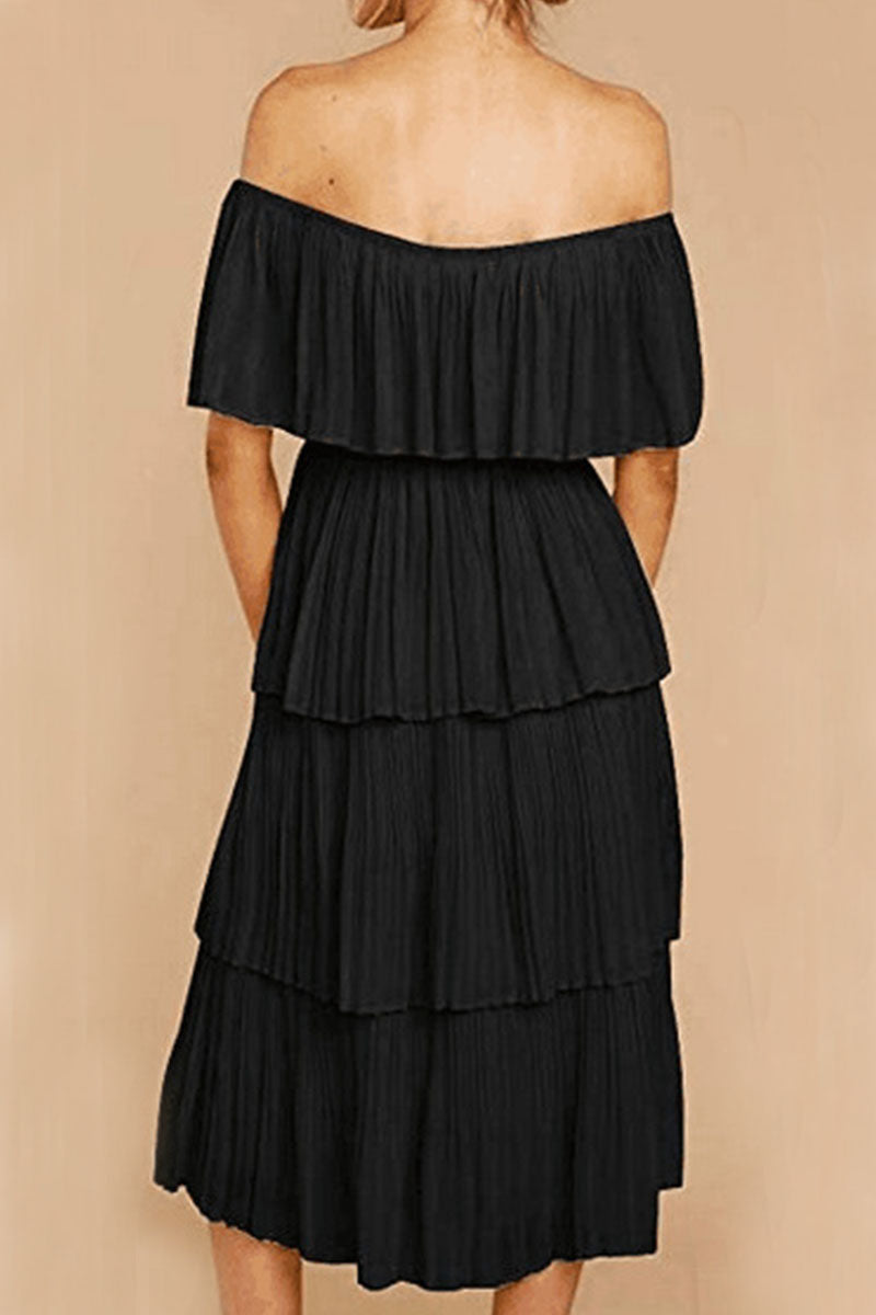 Sweet Patchwork Off the Shoulder Cake Skirt Dresses