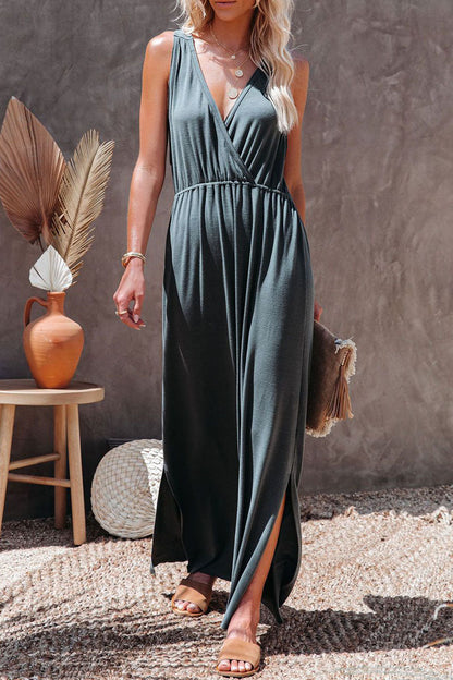 Slit V Neck a Line Maxi Dresses