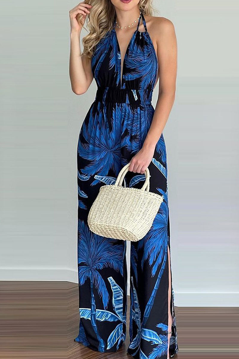 Simplicity Print Backless V Neck Loose Jumpsuits