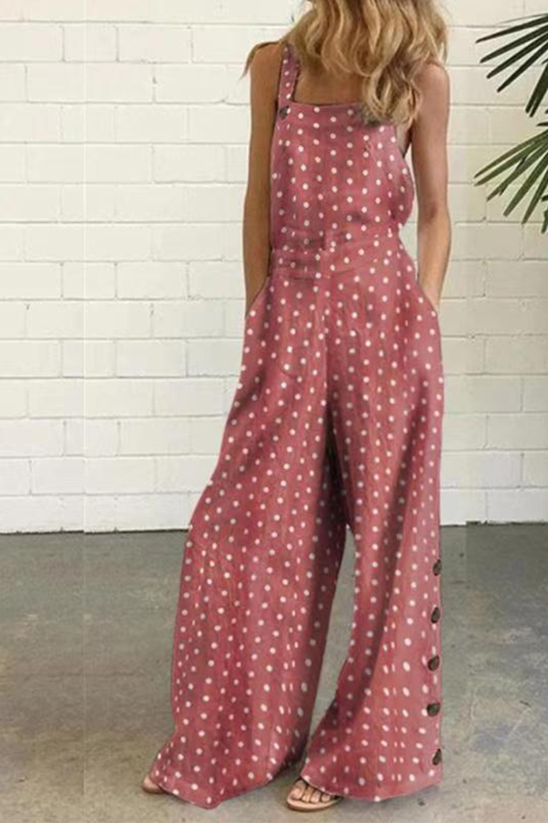 Dot Print Patchwork Square Collar Straight Jumpsuits