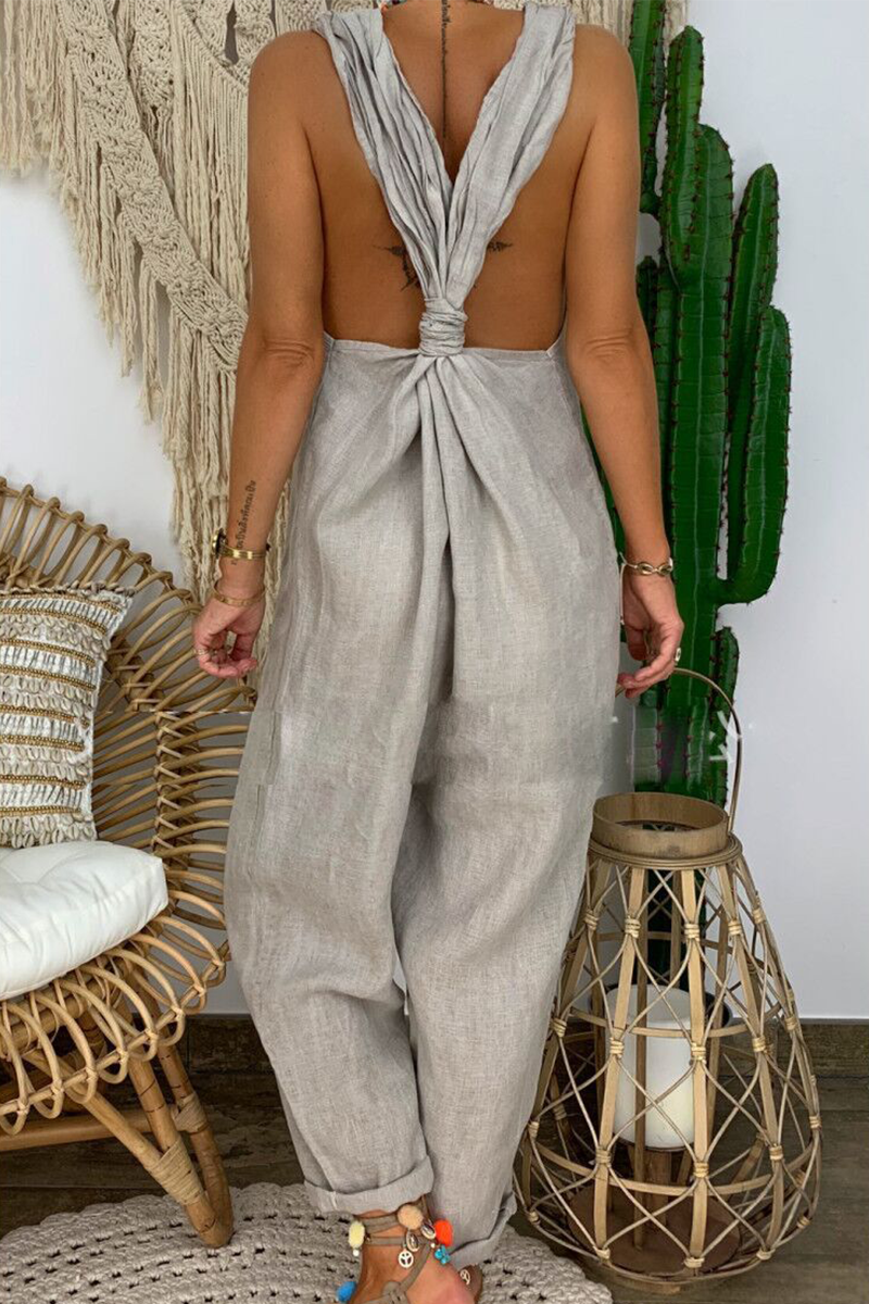 Backless Knotted V Neck Loose Jumpsuits(6 Colors)