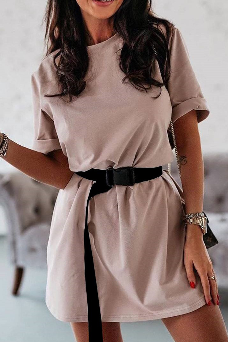Basic With Belt O Neck T-shirt Dress Dresses(5 Colors)