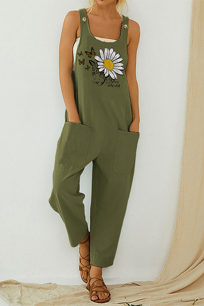 Print Pocket Buttons U Neck Straight Jumpsuits(3 Colors)