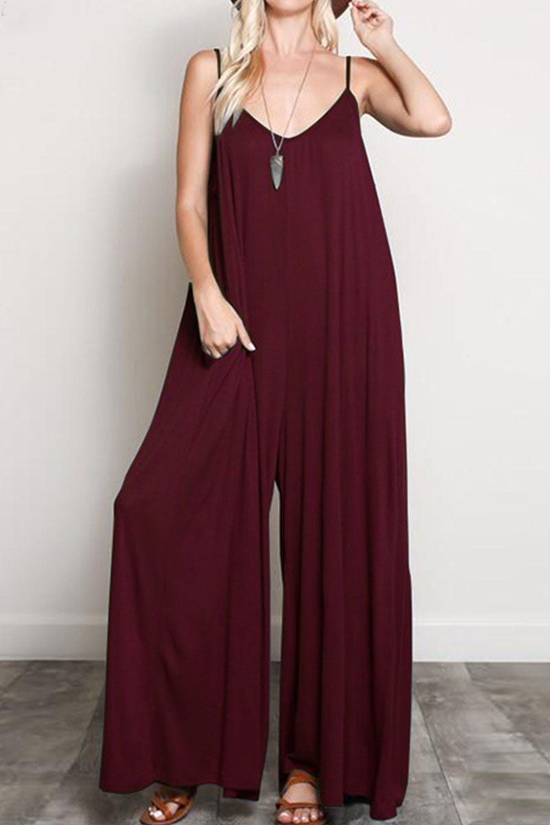 Street Patchwork V Neck Loose Jumpsuits