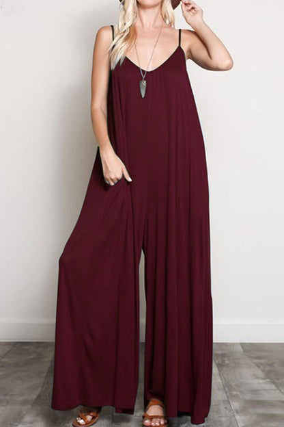 Street Patchwork V Neck Loose Jumpsuits