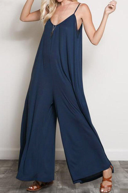 Street Patchwork V Neck Loose Jumpsuits