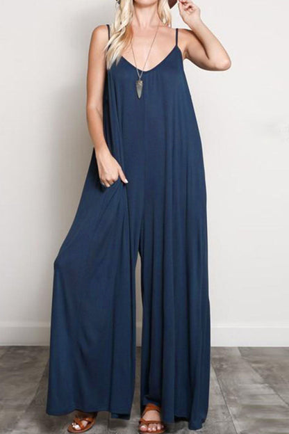 Street Patchwork V Neck Loose Jumpsuits