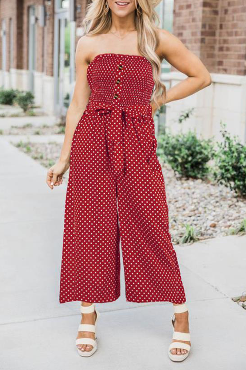 Dot Frenulum Buckle Strapless Straight Jumpsuits